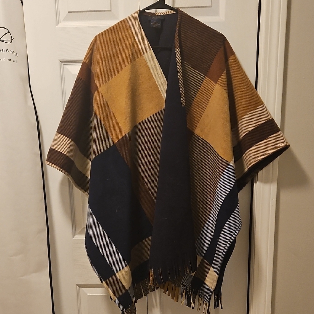 RACHEL Roy Navy & Mustard Plaid Fringe Fleece Poncho